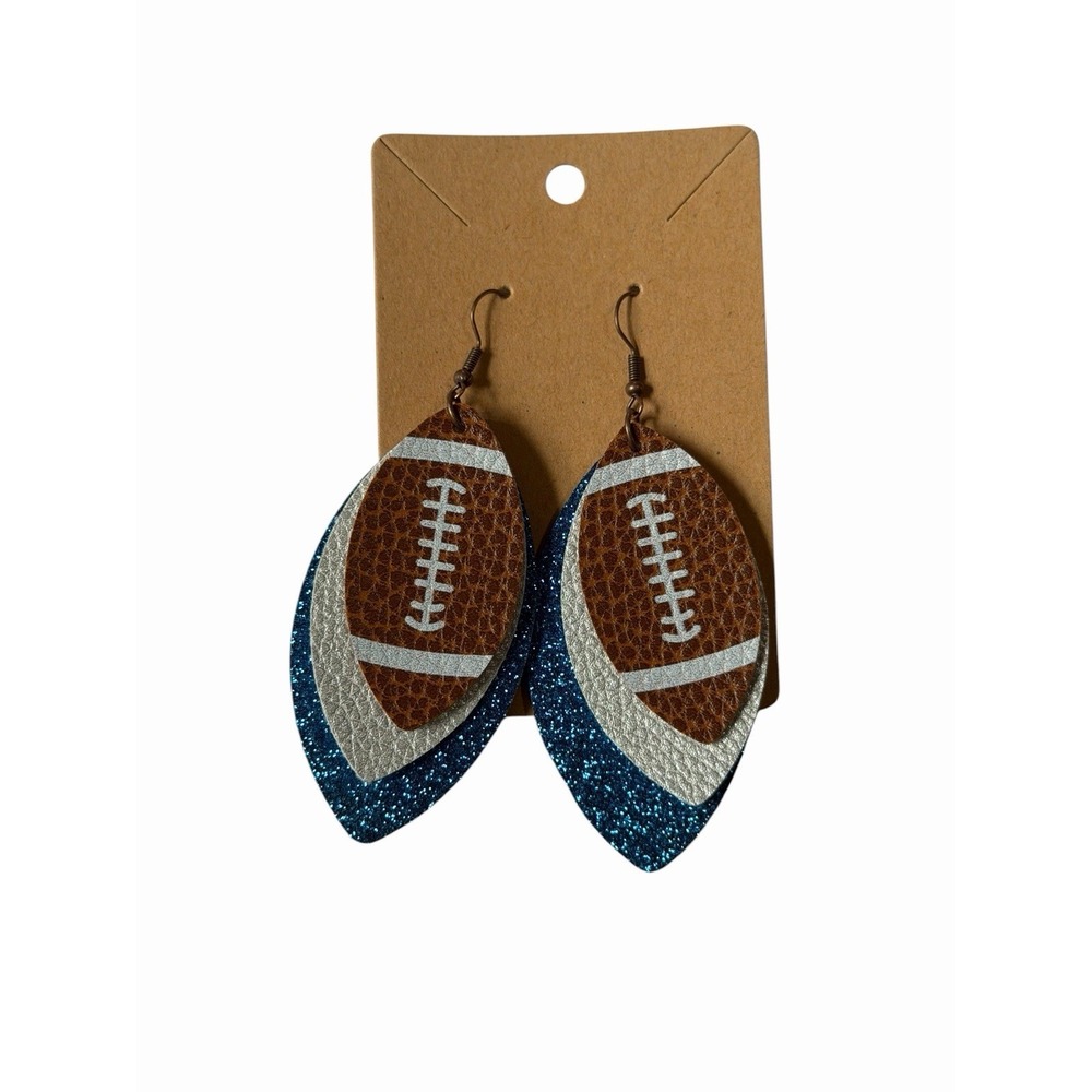Football Faux Leather Earrings Blue Glitter Silver Game Day Tailgate Dangle
